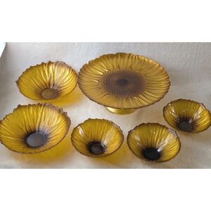 Vintage Indiana Glass Amber Sunflower Cake‎ Stand w/ Matching Bowls Set
